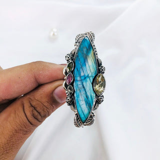 Natural Labradorite, Ruby, Peridot, Smokey Topaz & Citrine Ring By Harshita Jewellery