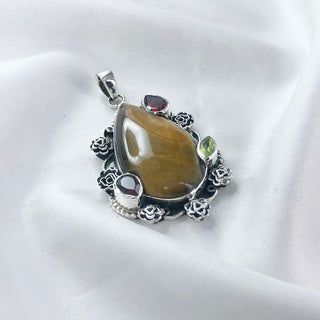 Natural Tiger's Eye, Garnet & Peridot Gemstone Pendant By Harshita Jewellery