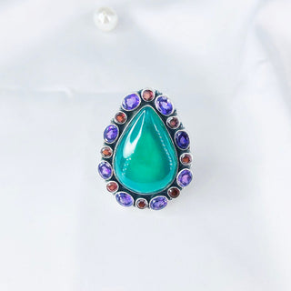 Natural Amethyst, Garnet & Green Onyx Ring By Harshita Jewellery