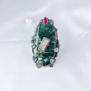 Natural Seraphinite, Ruby, Rose Quartz And Blue Topaz Ring By Harshita Jewellery