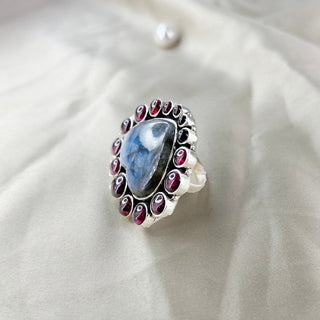 Natural Labradorite & Garnet Heart Gemstone Ring By Harshita Jewellery