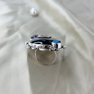 Natural Black Onyx, Rose Quartz, Amethyst & Apatite Gemstone Ring By Harshita Jewellery
