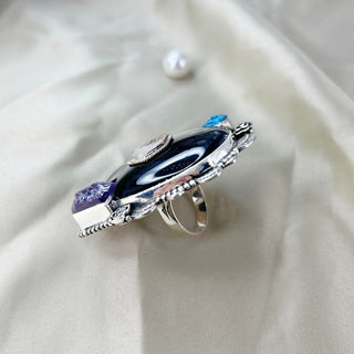 Natural Black Onyx, Rose Quartz, Amethyst & Apatite Gemstone Ring By Harshita Jewellery