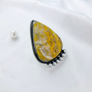 Natural White Pearl & Bumble bee Jasper Ring By Harshita Jewellery