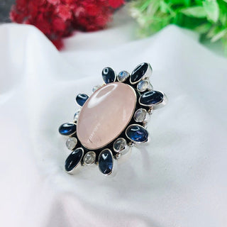 Natural Rose Quartz, Amethyst & Rainbow Moonstone Ring By Harshita Jewellery