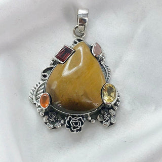 Natural Tiger's Eye, Rose Quartz, Garnet, Citrine & Carnelian Pendant By Harshita Jewellery