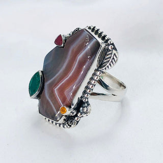 Natural Botswana Agate, Garnet, Citrine, Green Onyx Ring By Harshita Jewellery