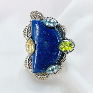 Natural Lapis lazuli, Blue Topaz, Citrine & Peridot Ring By Harshita Jewellery