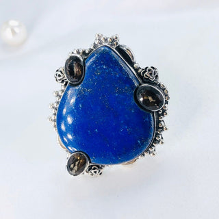 Natural Lapis Lazuli & Smokey Topaz Gemstone Ring By Harshita Jewellery