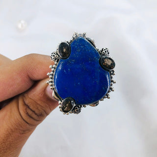 Natural Lapis Lazuli & Smokey Topaz Gemstone Ring By Harshita Jewellery