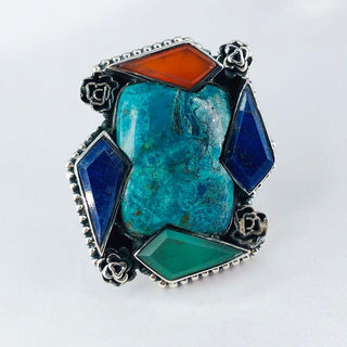 Natural Chrysocolla, Green onyx, Carnelian & lapis lazuli Ring By Harshita Jewellery