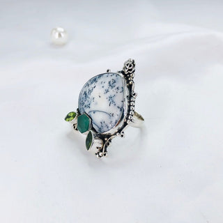 Natural Dendrite Opal, Peridot & Green Sapphire Gemstone Ring By Harshita Jewellery