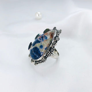 Natural Sodalite, Blue Topaz, Peridot And Faceted Amethyst Ring By Harshita Jewellery