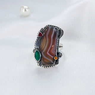 Natural Botswana Agate, Garnet, Citrine, Green Onyx Ring By Harshita Jewellery