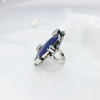 Natural Charoite, Blue Topaz & Rainbow Moonstone Ring By Harshita Jewellery