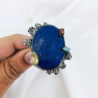 Natural Lapis Lazuli, Amazonite, Garnet & Citine Ring By Harshita Jewellery