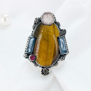 Natural Tigers eye, Rose quartz, Amethyst, ruby ring By Harshita Jewellery