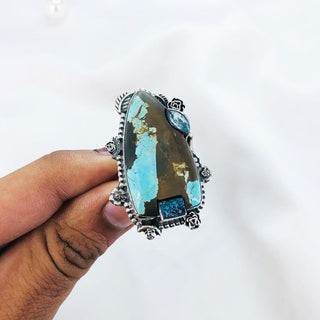 Natural Turquoise, Apatite & Blue Topaz Ring By Harshita Jewellery