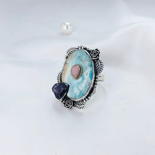 Natural Larimar, Pink Opal, Amethyst Ring By Harshita Jewellery