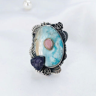 Natural Larimar, Pink Opal, Amethyst Ring By Harshita Jewellery