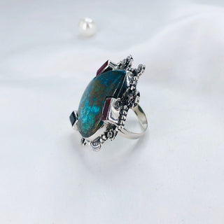 Natural Chrysocolla, Black Onyx & Ruby Ring By Harshita Jewellery