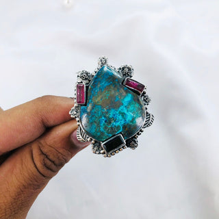 Natural Chrysocolla, Black Onyx & Ruby Ring By Harshita Jewellery