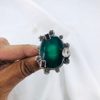 Green Onyx,Garnet & Topaz Gemstone Ring By Harshita Jewellery