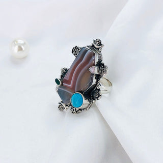 Natural Botswana Agate, Pink opal, Green onyx & Turquoise Ring By Harshita Jewellery