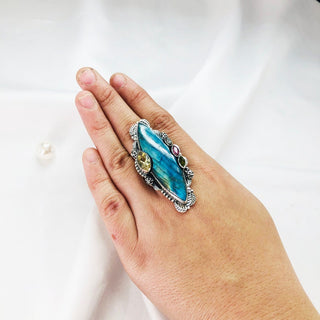 Natural Labradorite, Ruby, Peridot, Smokey Topaz & Citrine Ring By Harshita Jewellery