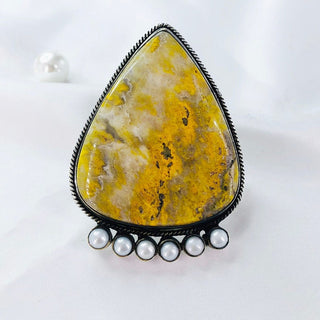 Natural White Pearl & Bumble bee Jasper Ring By Harshita Jewellery