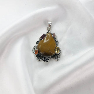 Natural Tiger's Eye, Rose Quartz, Garnet, Citrine & Carnelian Pendant By Harshita Jewellery