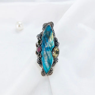 Natural Labradorite, Ruby, Peridot, Smokey Topaz & Citrine Ring By Harshita Jewellery