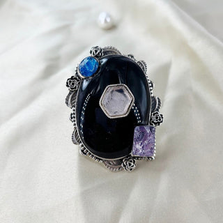 Natural Black Onyx, Rose Quartz, Amethyst & Apatite Gemstone Ring By Harshita Jewellery