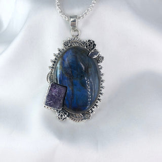 Natural Labradorite And Rough Amethyst Pendant By Harshita Jewellery