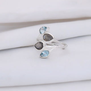 Labradorite Ring & Blue Topaz Ring, 925 Sterling Silver, Designer Ring For Women's