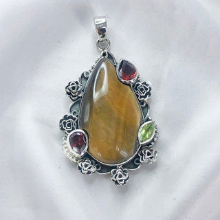 Natural Tiger's Eye, Garnet & Peridot Gemstone Pendant By Harshita Jewellery