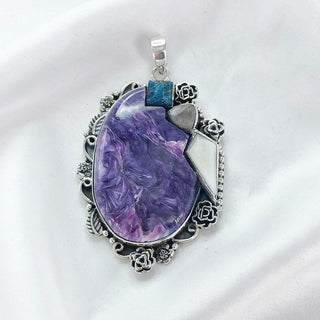Natural Charoite, Apatite, Rose Quartz& White Opal Pendant By Harshita Jewellery