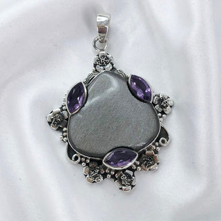 Silver Sheen Obsidian and Amethyst Pendant By Harshita Jewellery