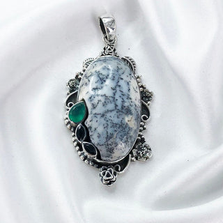 Natural Dendrite Opal, Black Onyx And Green Onyx Pendant By Harshita Jewellery
