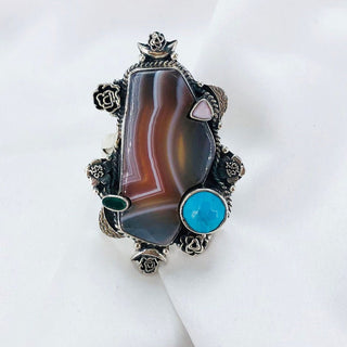 Natural Botswana Agate, Pink opal, Green onyx & Turquoise Ring By Harshita Jewellery
