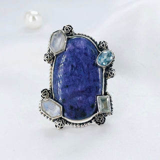 Natural Charoite, Blue Topaz & Rainbow Moonstone Ring By Harshita Jewellery