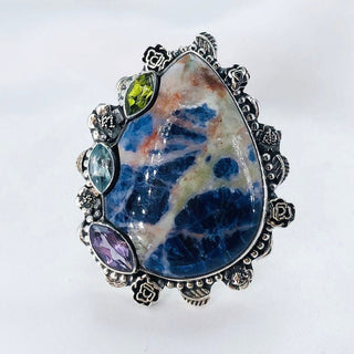 Natural Sodalite, Blue Topaz, Peridot And Faceted Amethyst Ring By Harshita Jewellery
