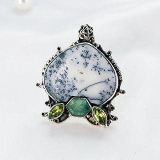 Natural Dendrite Opal, Peridot & Green Sapphire Gemstone Ring By Harshita Jewellery