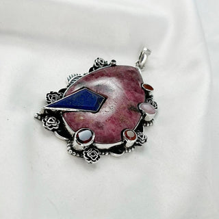 Natural Rhodonite, Lapis Lazuli, Carnelian, Garnet & Rose Quartz Gemstone Pendant By Harshita Jewellery
