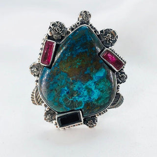 Natural Chrysocolla, Black Onyx & Ruby Ring By Harshita Jewellery