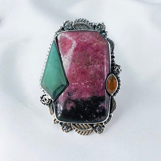 Natural Rhodonite, Chrysoprase, Carnelian Gemstone Ring By Harshita Jewellery