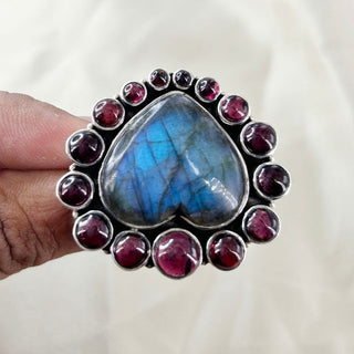 Natural Labradorite & Garnet Heart Gemstone Ring By Harshita Jewellery