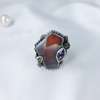 Natural Botswana agate Ring, Amethyst & Peridot Gemstone Ring By Harshita Jewellery