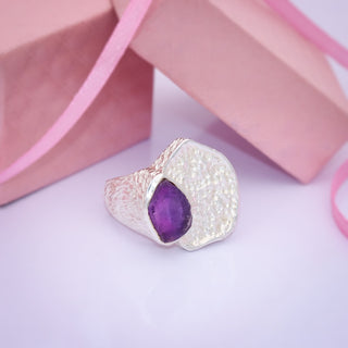 African Amethyst Raw Ring, Handmade Gemstone Jewelry, 925 Sterling Silver, Women's Statement Ring