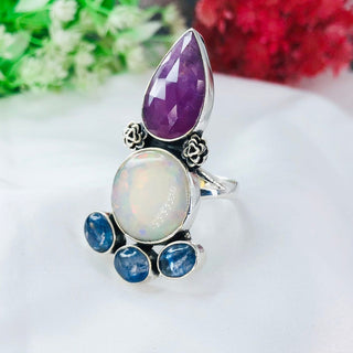 Pink ruby, Opal & Kyanite gemstone ring By Harshita Jewellery
